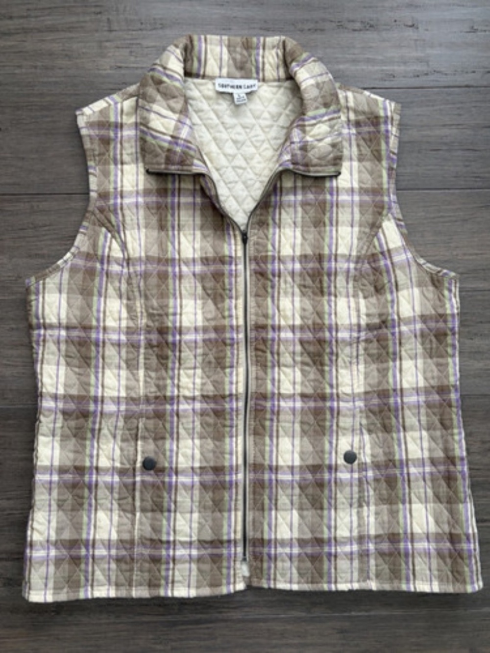 90s Style Southern Lady Quilted Plaid Vest LG Cream Purple Pockets Cottagecore
